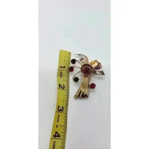 RARE Vintage Harry Iskin 12K Gold Filled Cherry Red Rhinestone Flower Brooch 40s - Picture 11 of 12